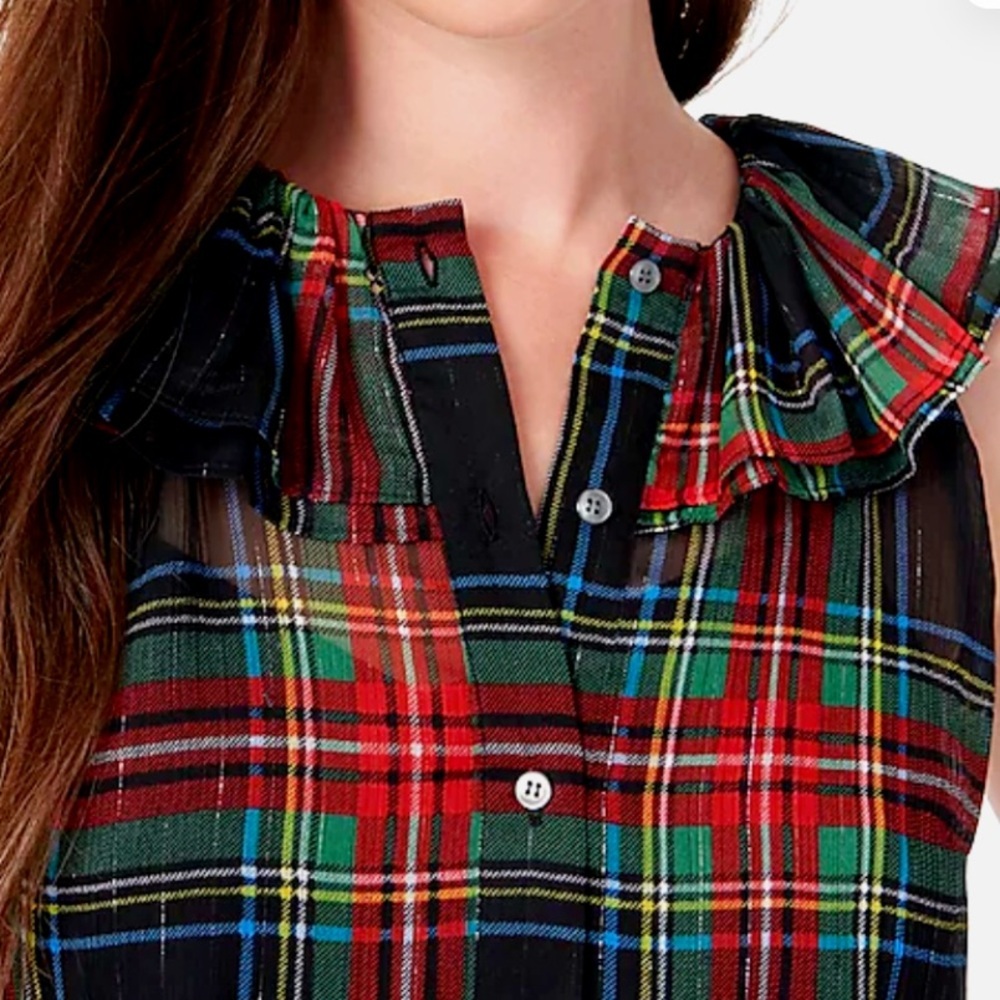 J. Crew Sleeveless Ruffle-Collar Top in Black Stewart Tartan Size L